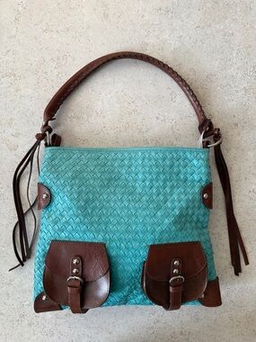 Tano Turquoise Woven Shoulder Bag with Brown Leather Trim